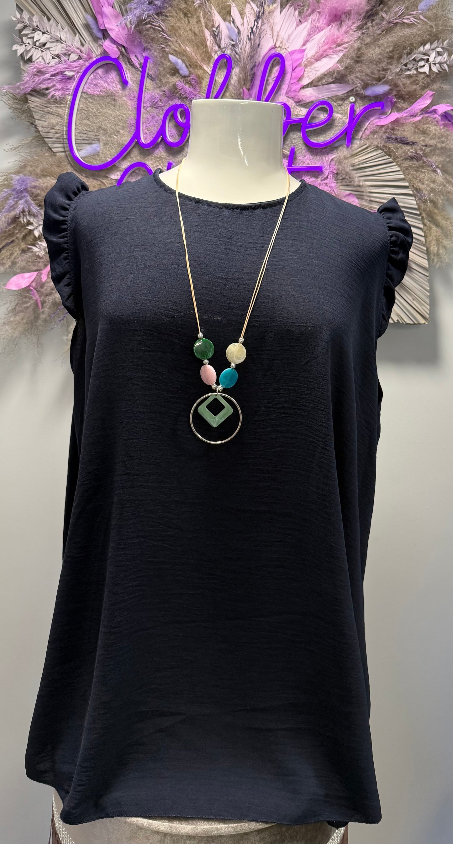 Plus Size Navy Ruffle Sleeve Round Neck Top with Necklace