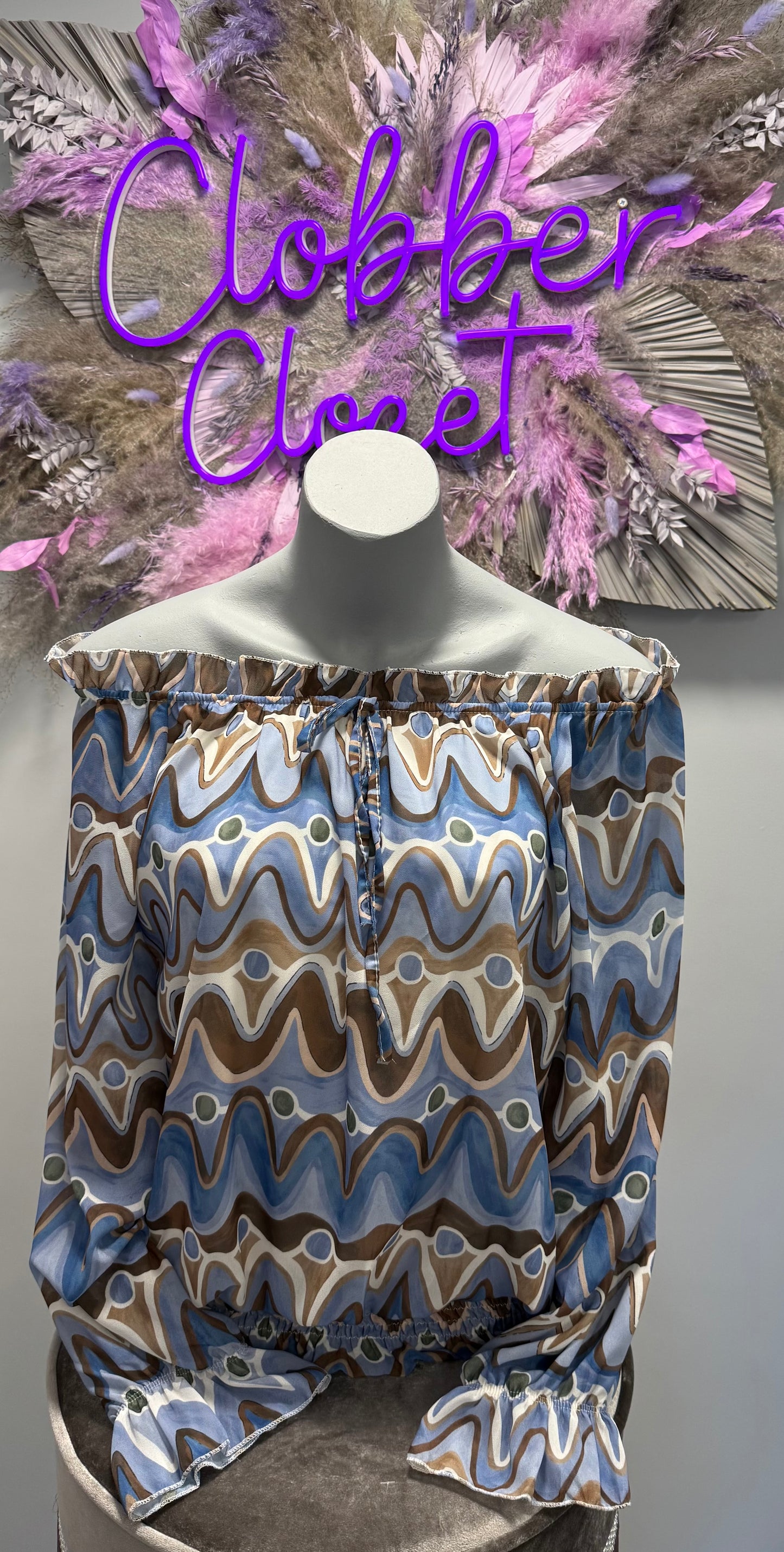 Wave Print Ruffle Bardot Blouse