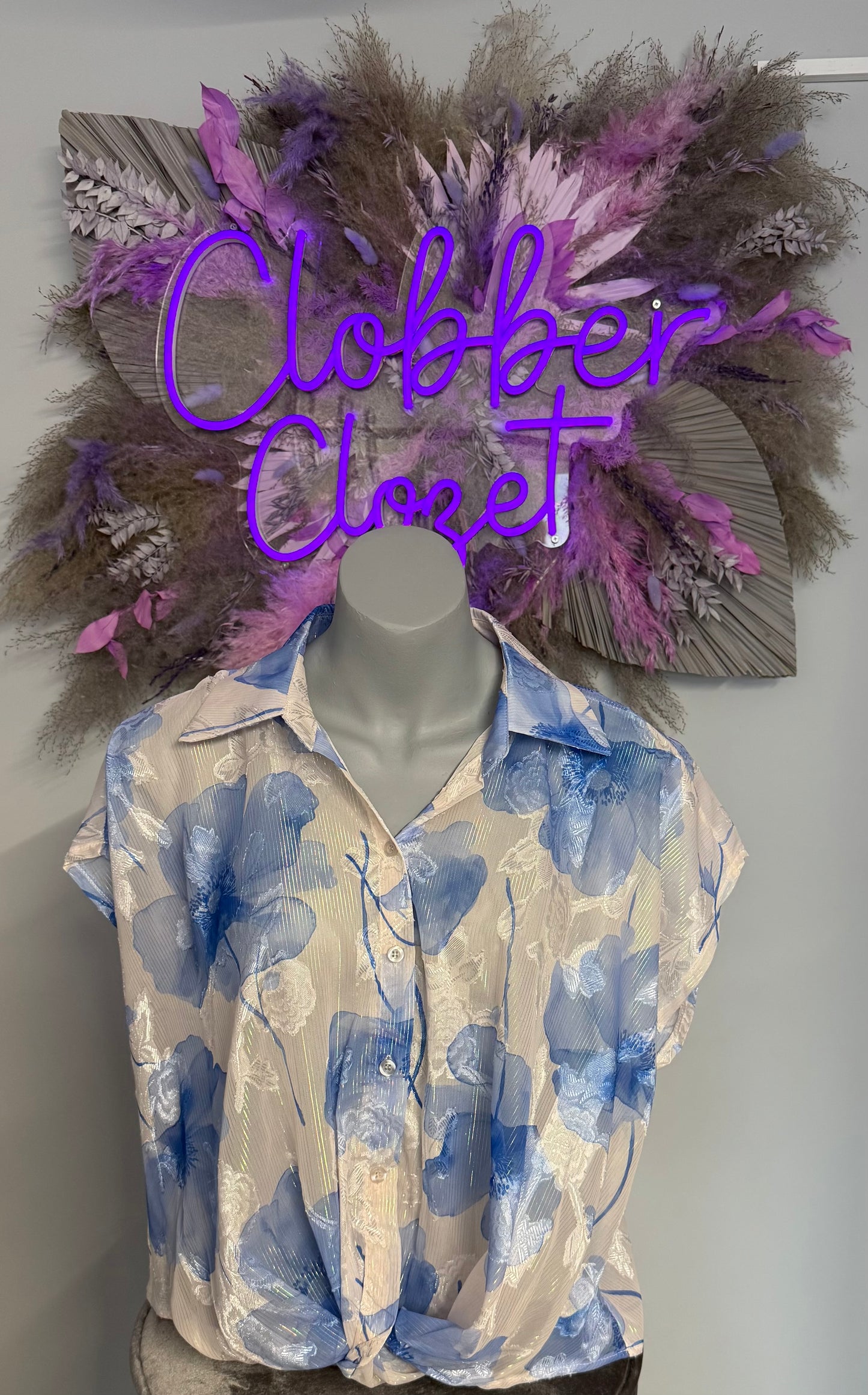 Floral Shimmer Silky Tie Button Blouse