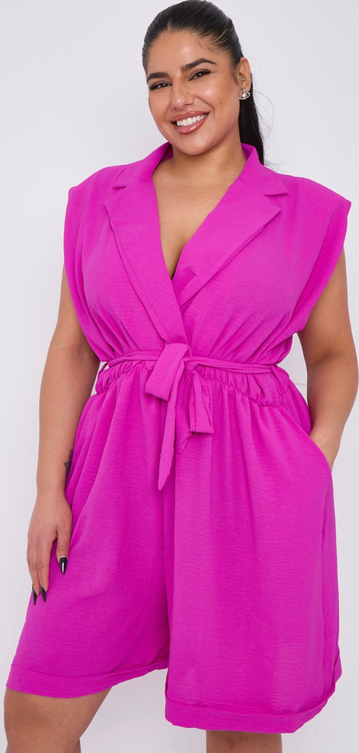 Plus Size Sleeveless Lapel Tie Waist Playsuit With Pockets