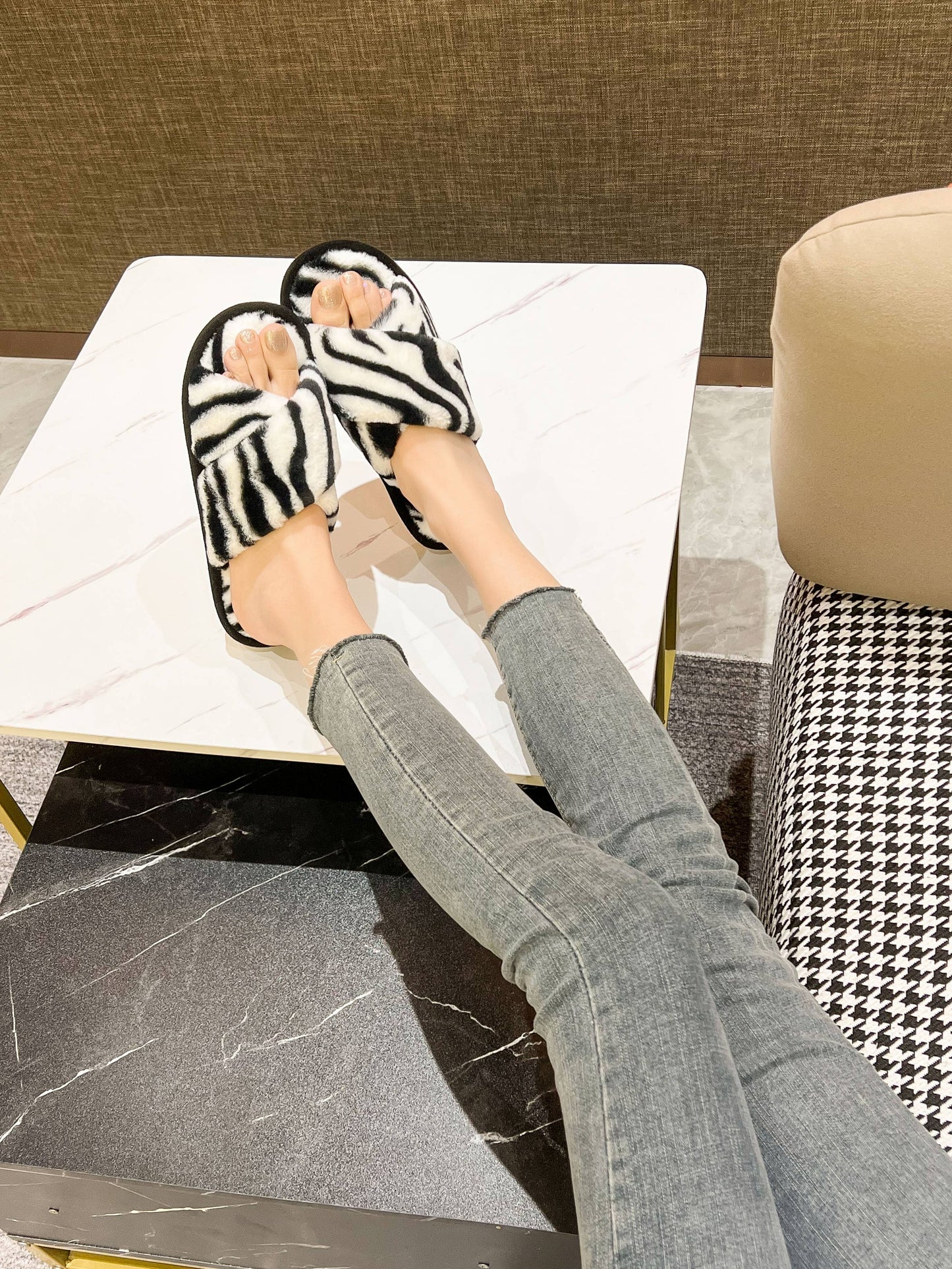 Zebra Luxe Cross Strap Luxurious Slippers