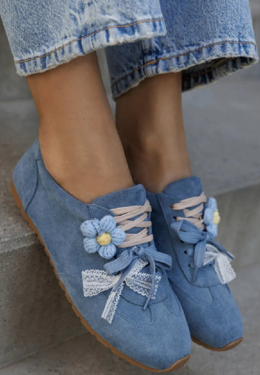 Ladies Blue Flat Lace Up Chiffon Lace Bow Knot Flower Shoe Decoration Trainers