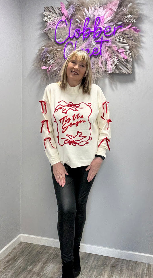 Tis The Season Embroidery Bow Christmas Jumper