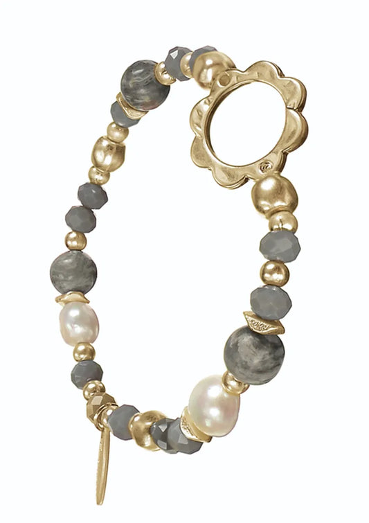 Flower Power with Grey Howlite/Pearl & Crystal - Gold