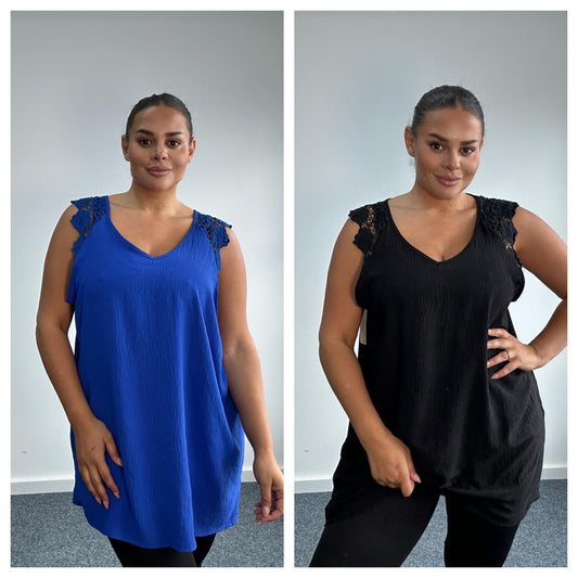 Two Pictures of woman in Plus Size Sleeveless Top with Lace Shoulder Detail in Royal Blue and Black