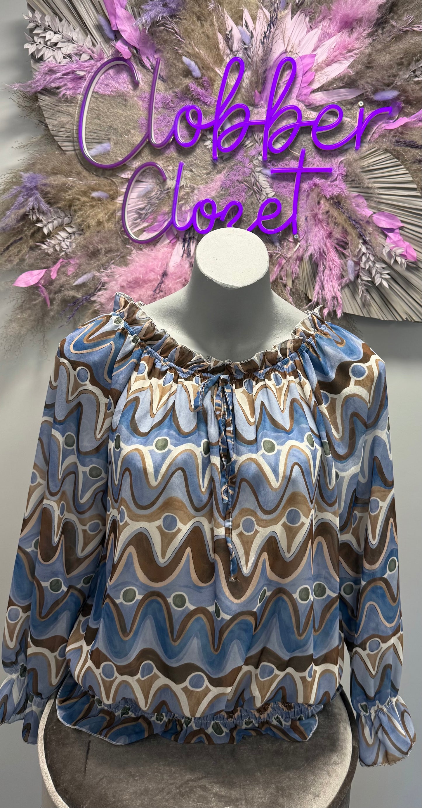 Wave Print Ruffle Bardot Blouse
