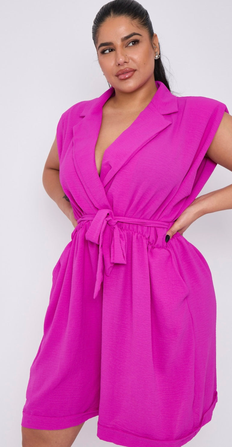 Plus Size Sleeveless Lapel Tie Waist Playsuit With Pockets