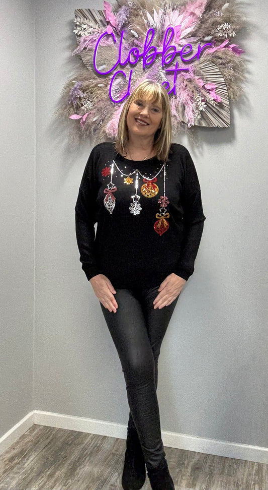 Black Jingle Bells Bauble Sequin Christmas Xmas Jumper
