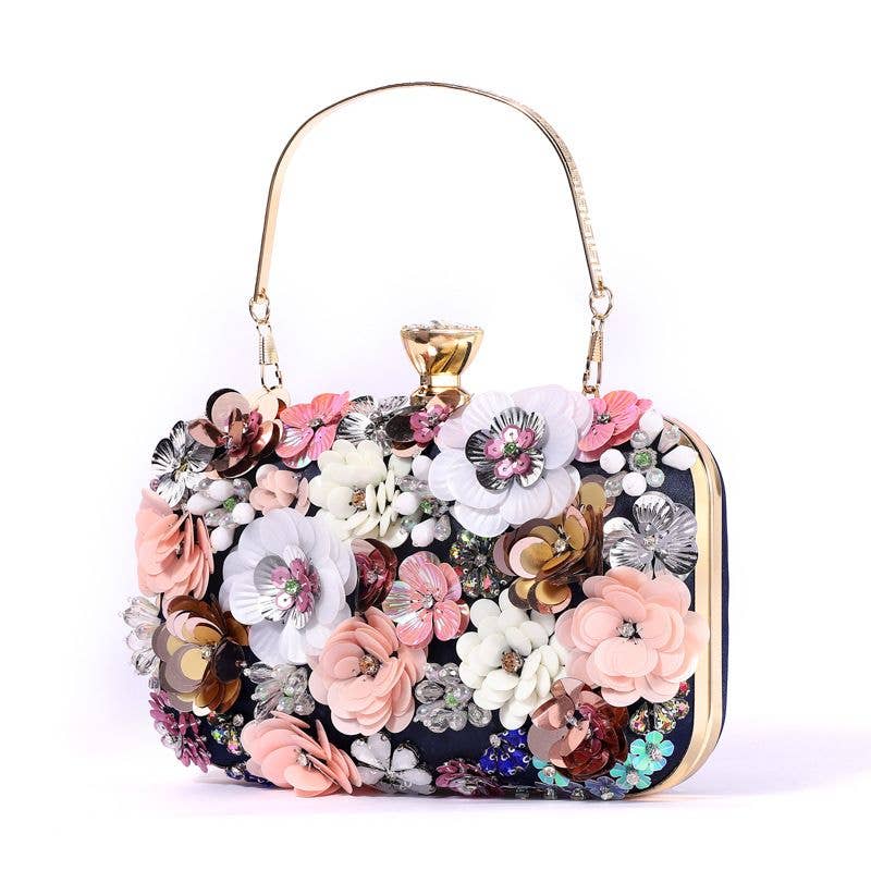 Floral Embellished Clutch Bag: Silver