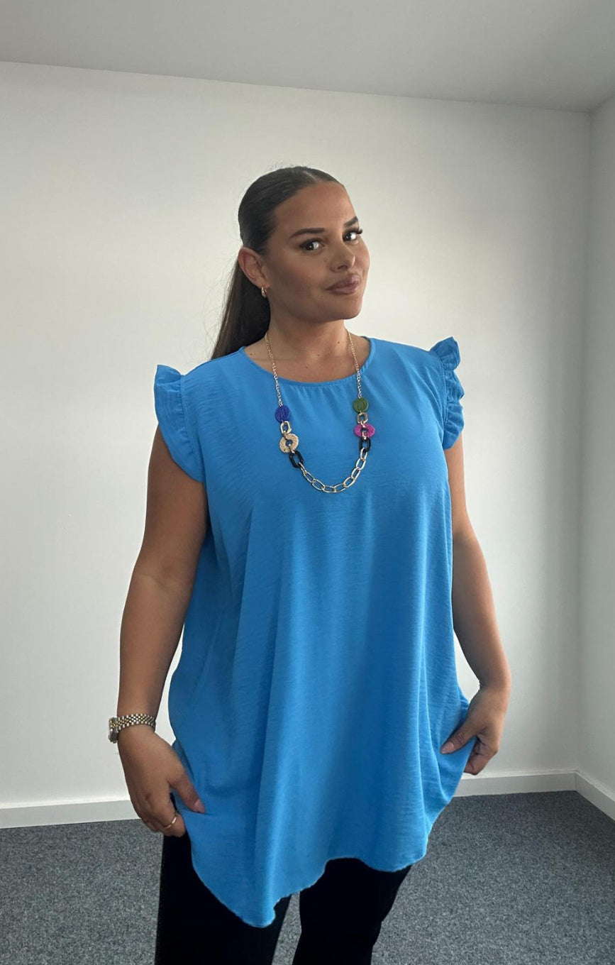 Plus Size Navy Ruffle Sleeve Round Neck Top with Necklace