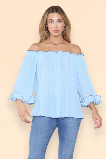 Luisa - Long Sleeve Contrast Edge Pleated Bardot Blouse