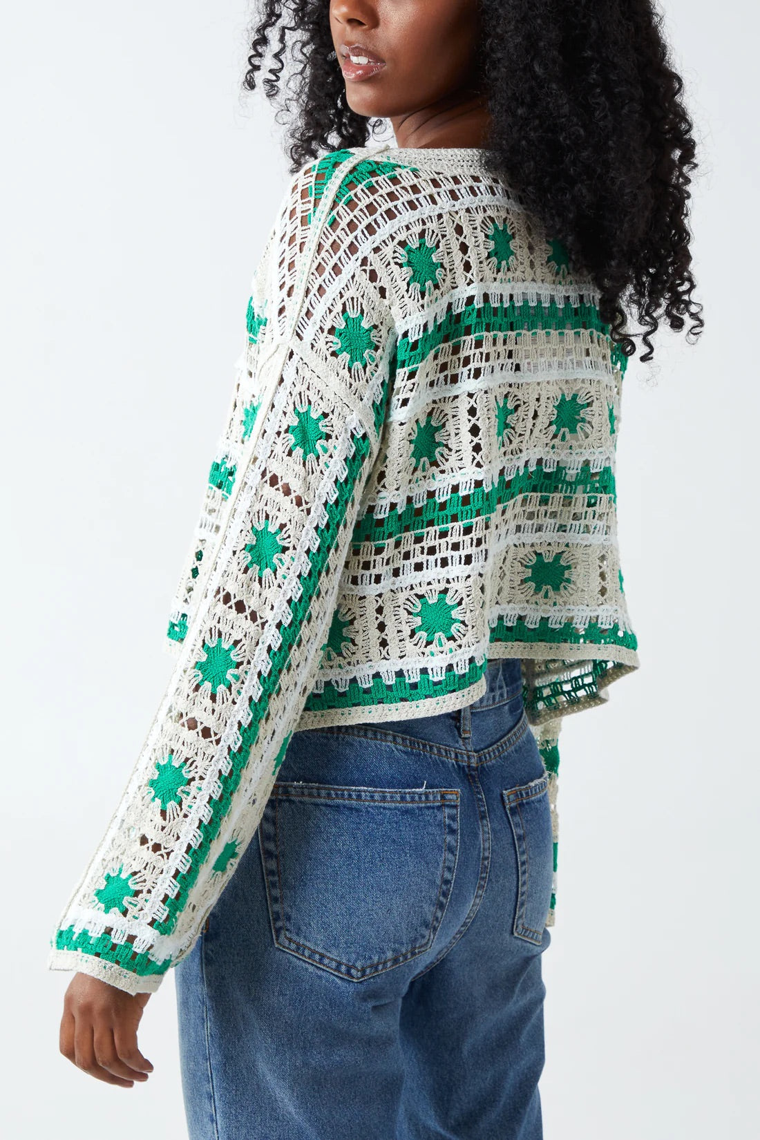 Green and White Crochet Top with Flare Sleeves