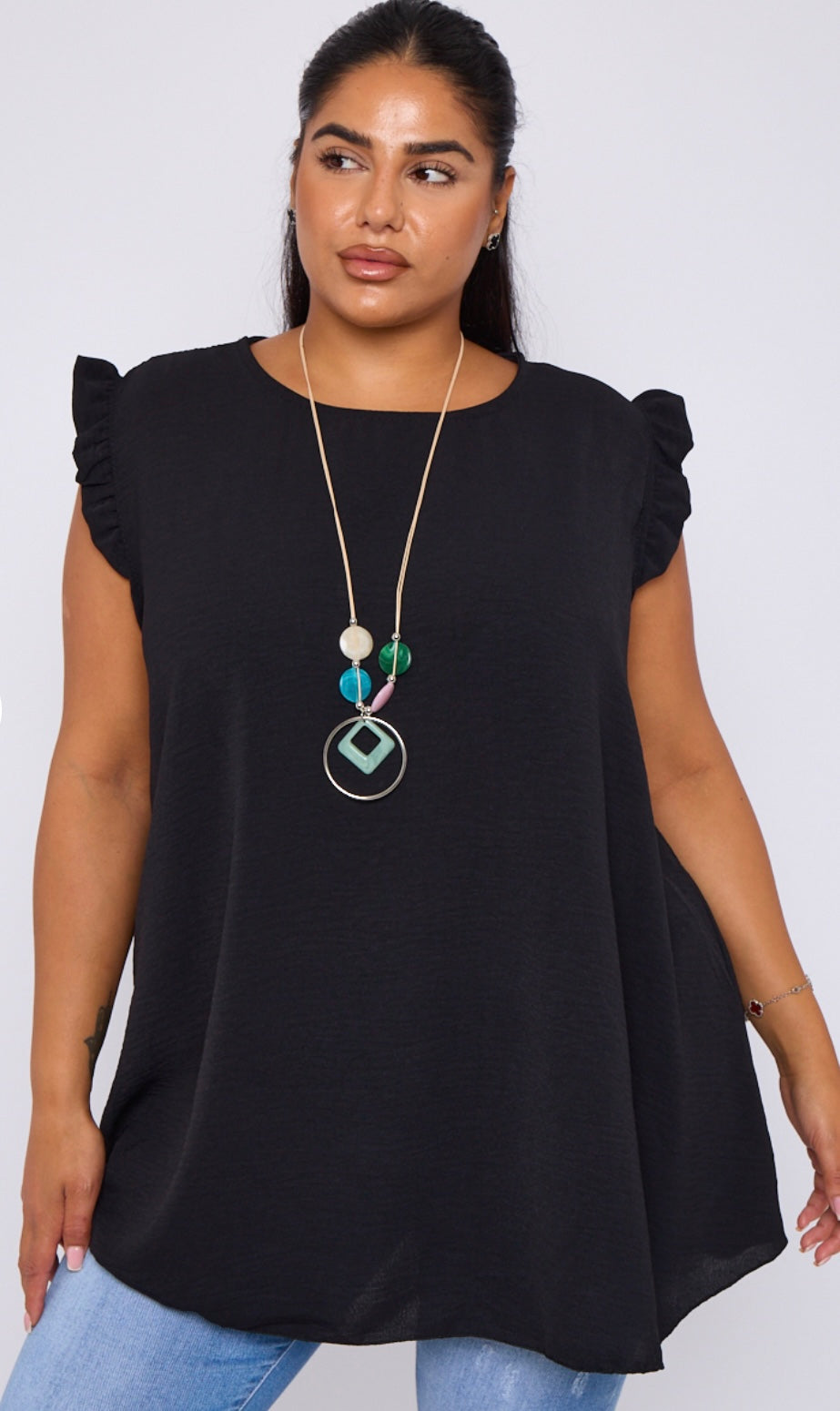 Plus Size Navy Ruffle Sleeve Round Neck Top with Necklace