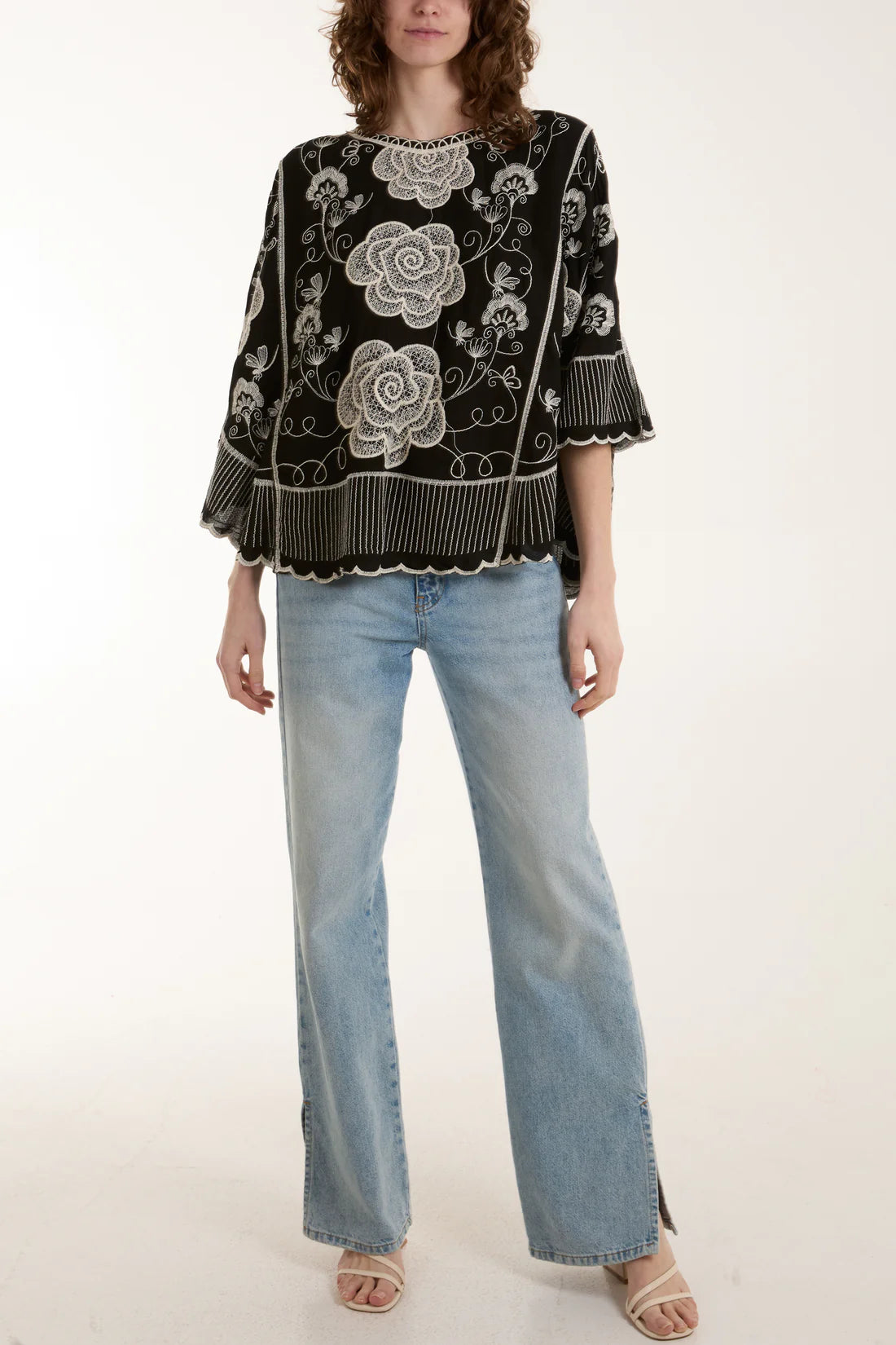 Ramona - Black Embroidery Flower Scallop Blouse
