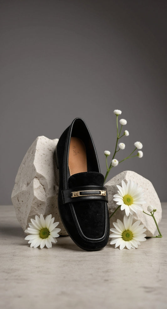 Black Suede Gold Detail Slip On Loafer
