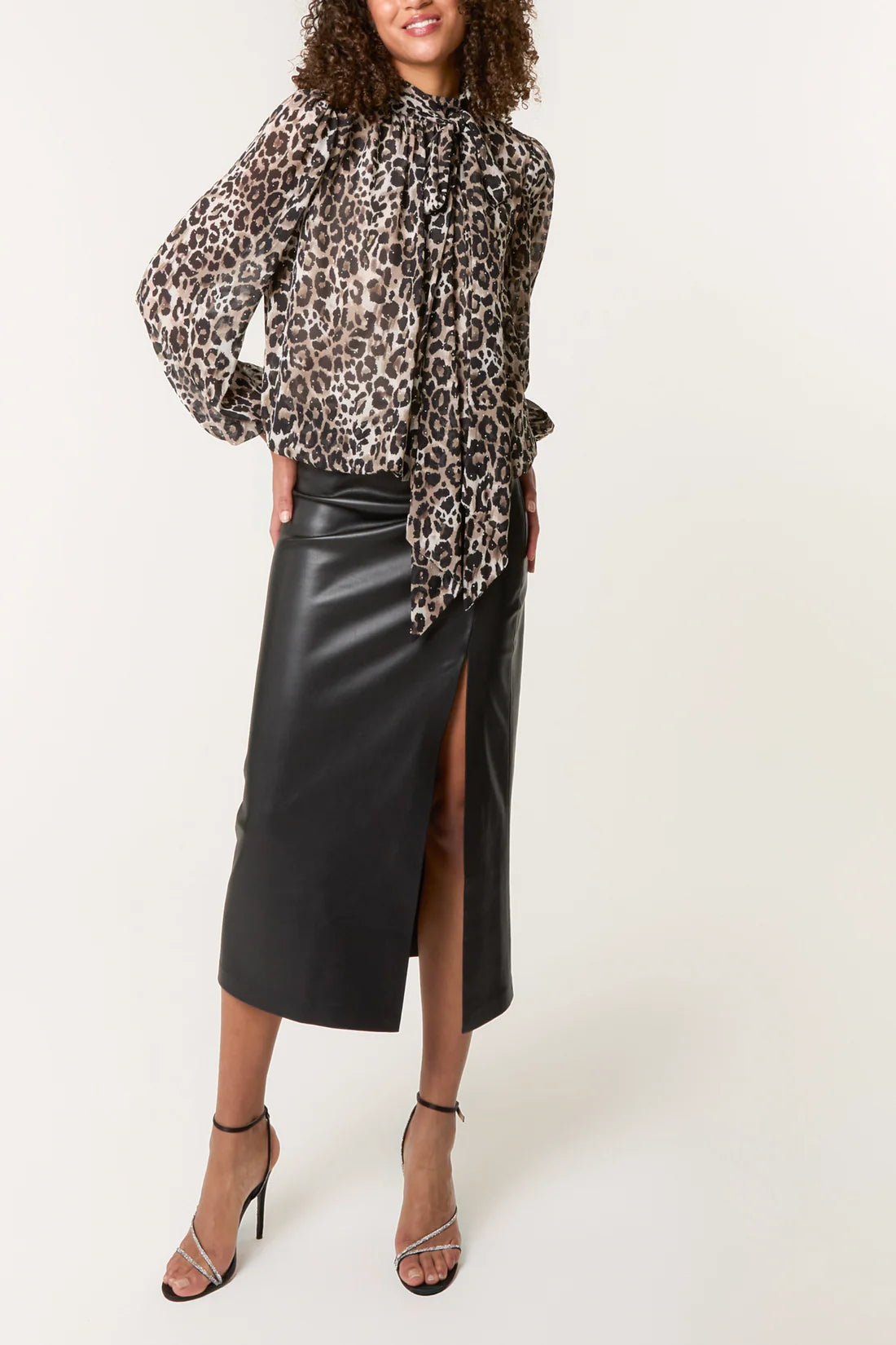 High Tie Neck Diamante Animal Blouse