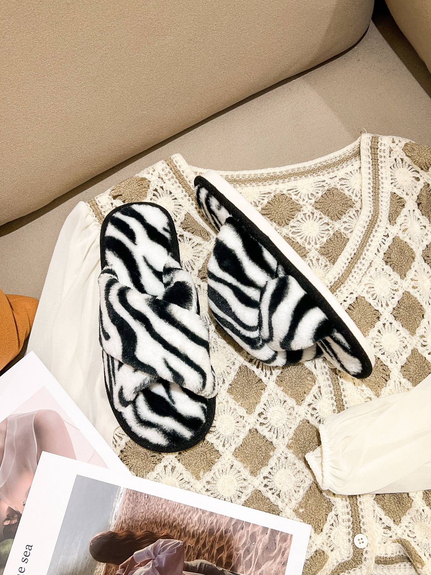 Zebra Luxe Cross Strap Luxurious Slippers