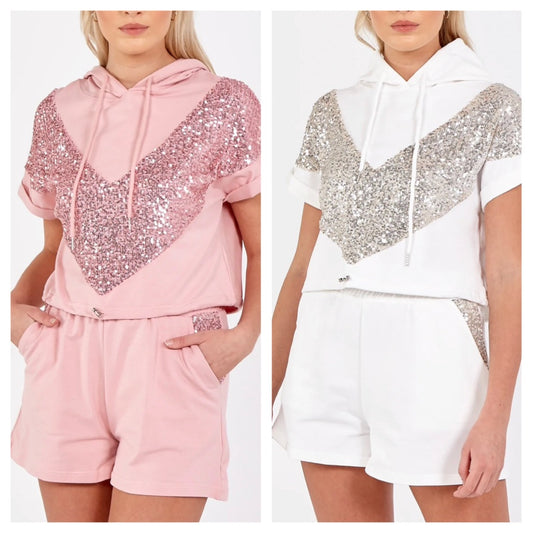 Gina - Short Sleeve Hoodie and Sequin Detail Shorts