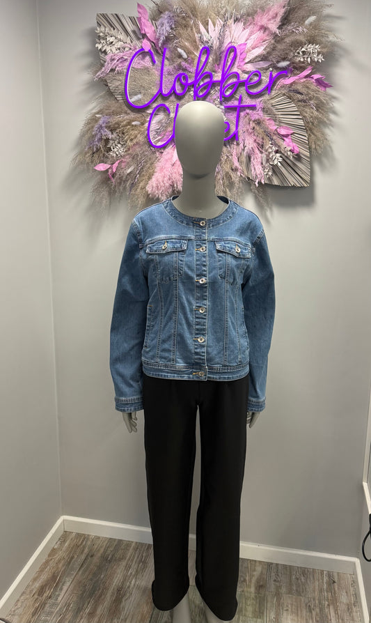 Plus Size Silver Button Denim Mandarin Cotton Stretch Jacket