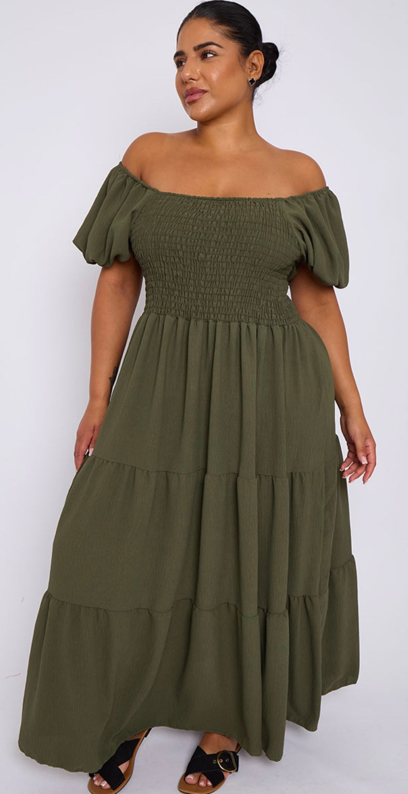 Plus Size Italian Green Bardot Shirred Top Maxi Dress