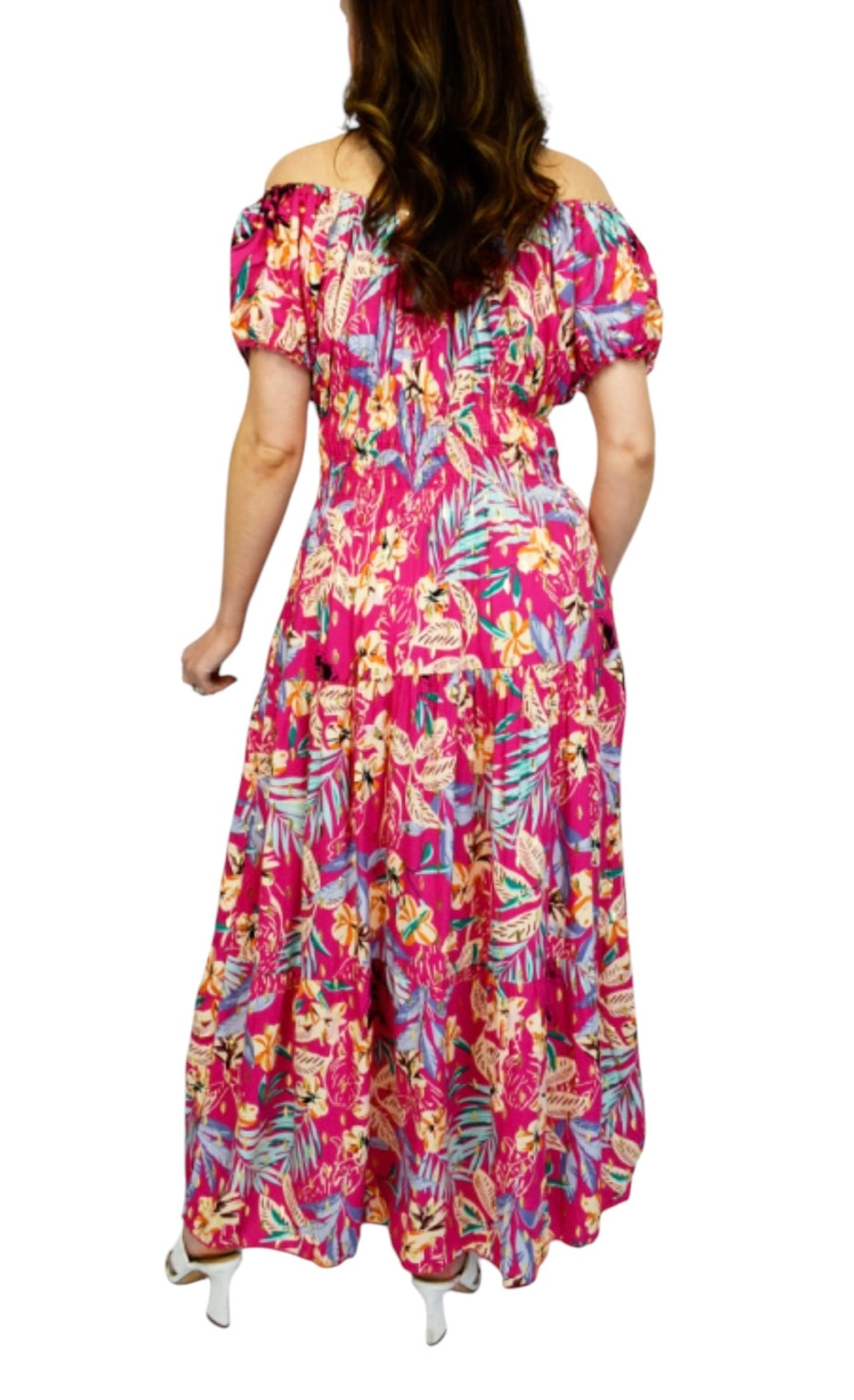 Amelia Gold Foil Flower Print Button Bardot Maxi
Dress