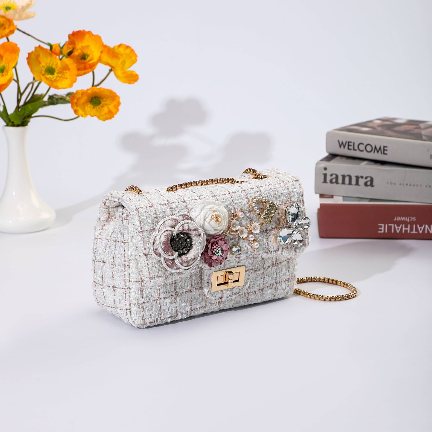 Tweed Checks Handbag with Butterfly in Cream/Blush
