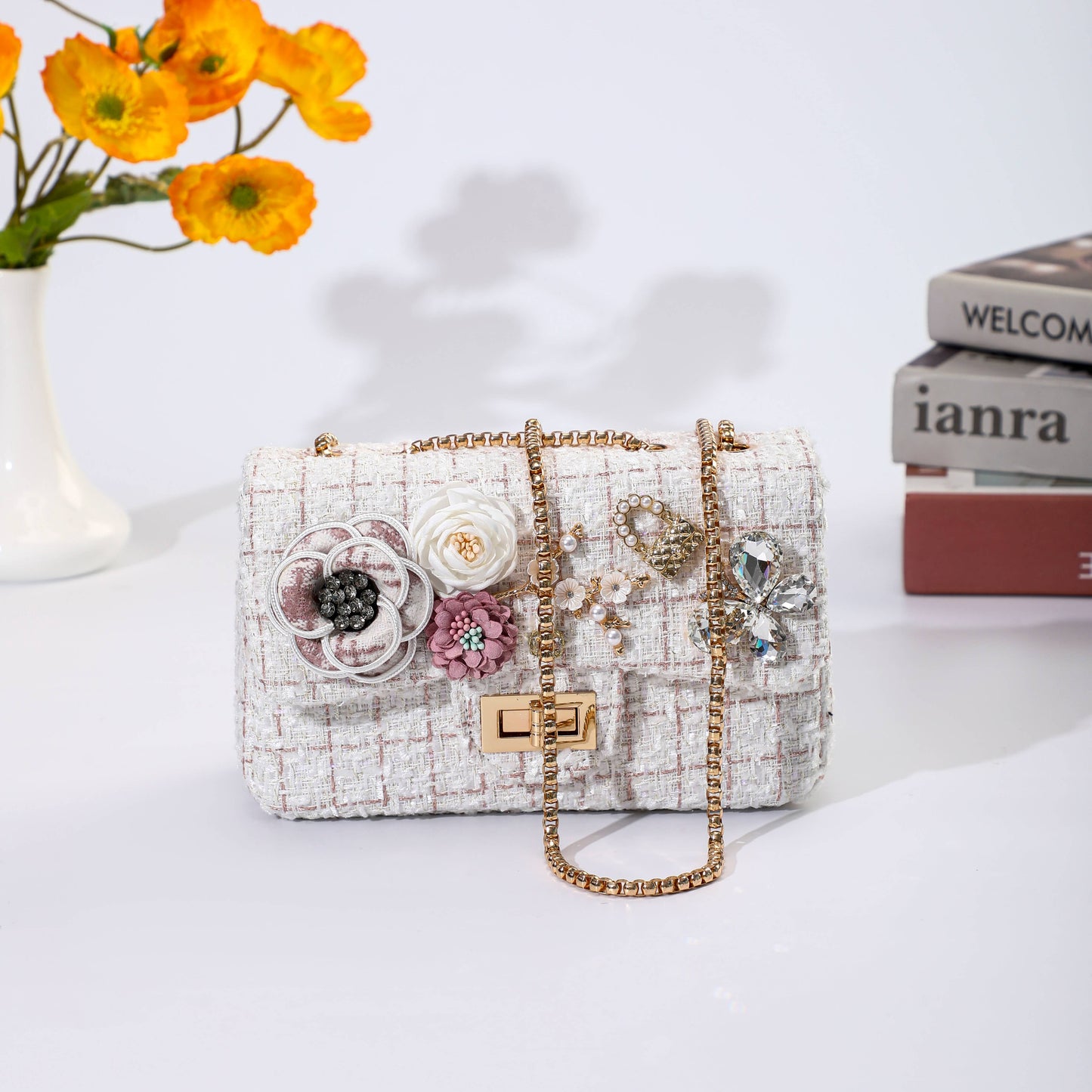 Tweed Checks Handbag with Butterfly in Cream/Blush