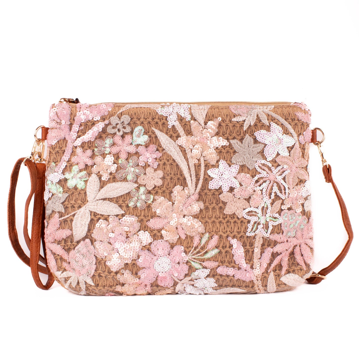 Textured Straw Clutch with Flowers Sequins