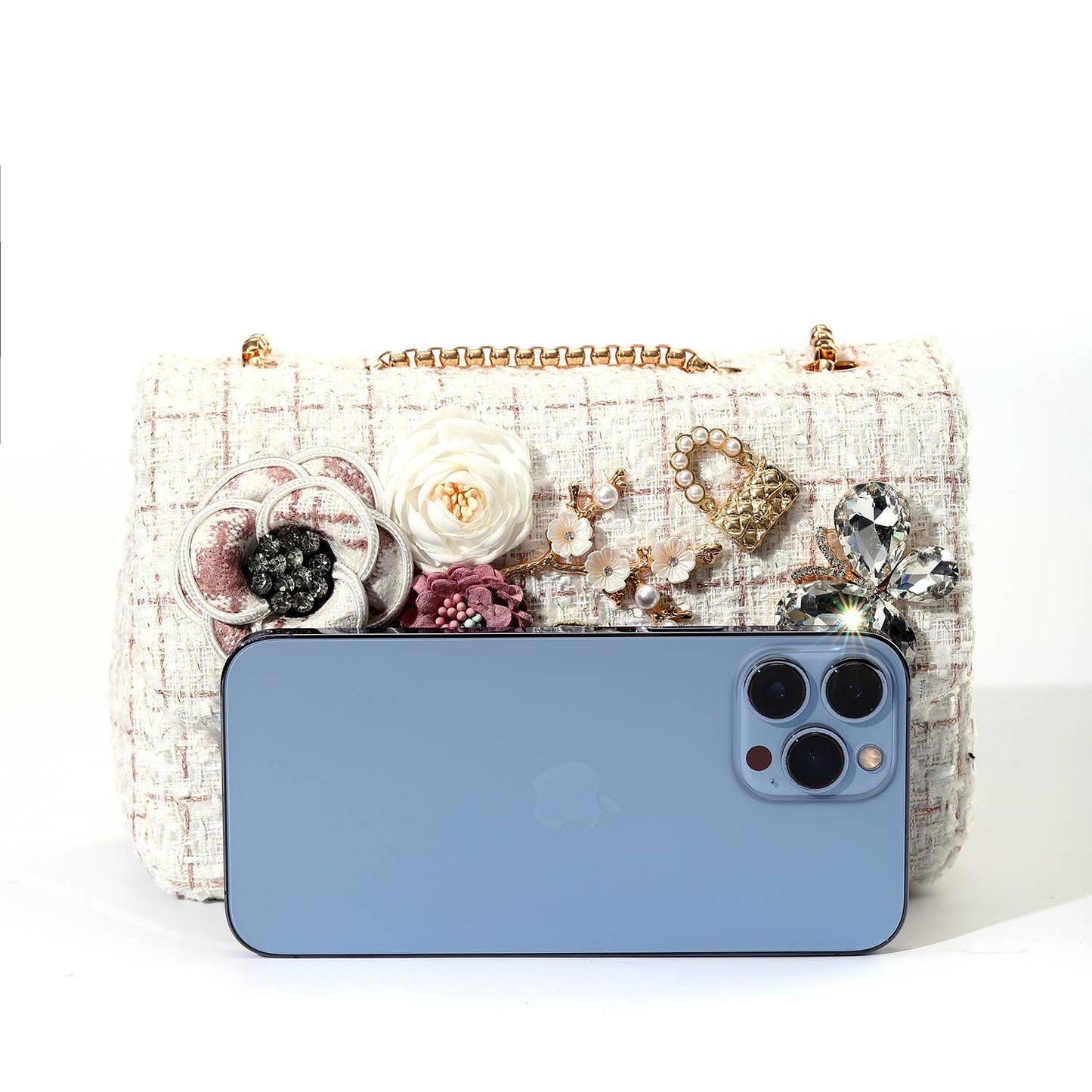 Tweed Checks Handbag with Butterfly in Cream/Blush