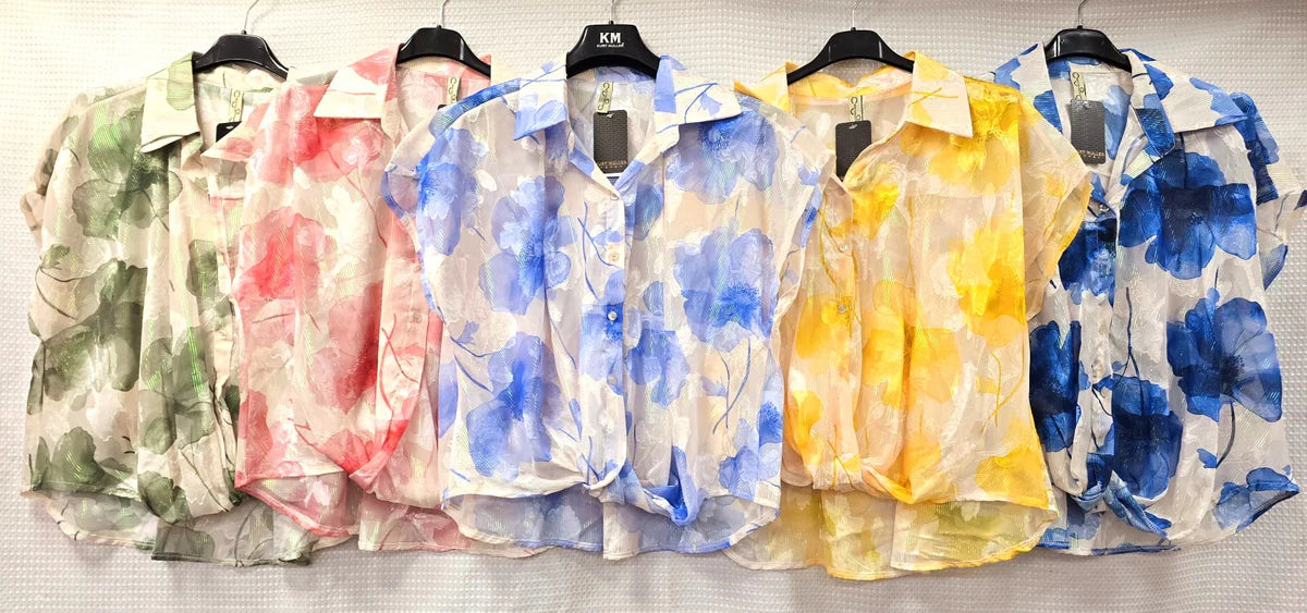 Floral Shimmer Silky Tie Button Blouse