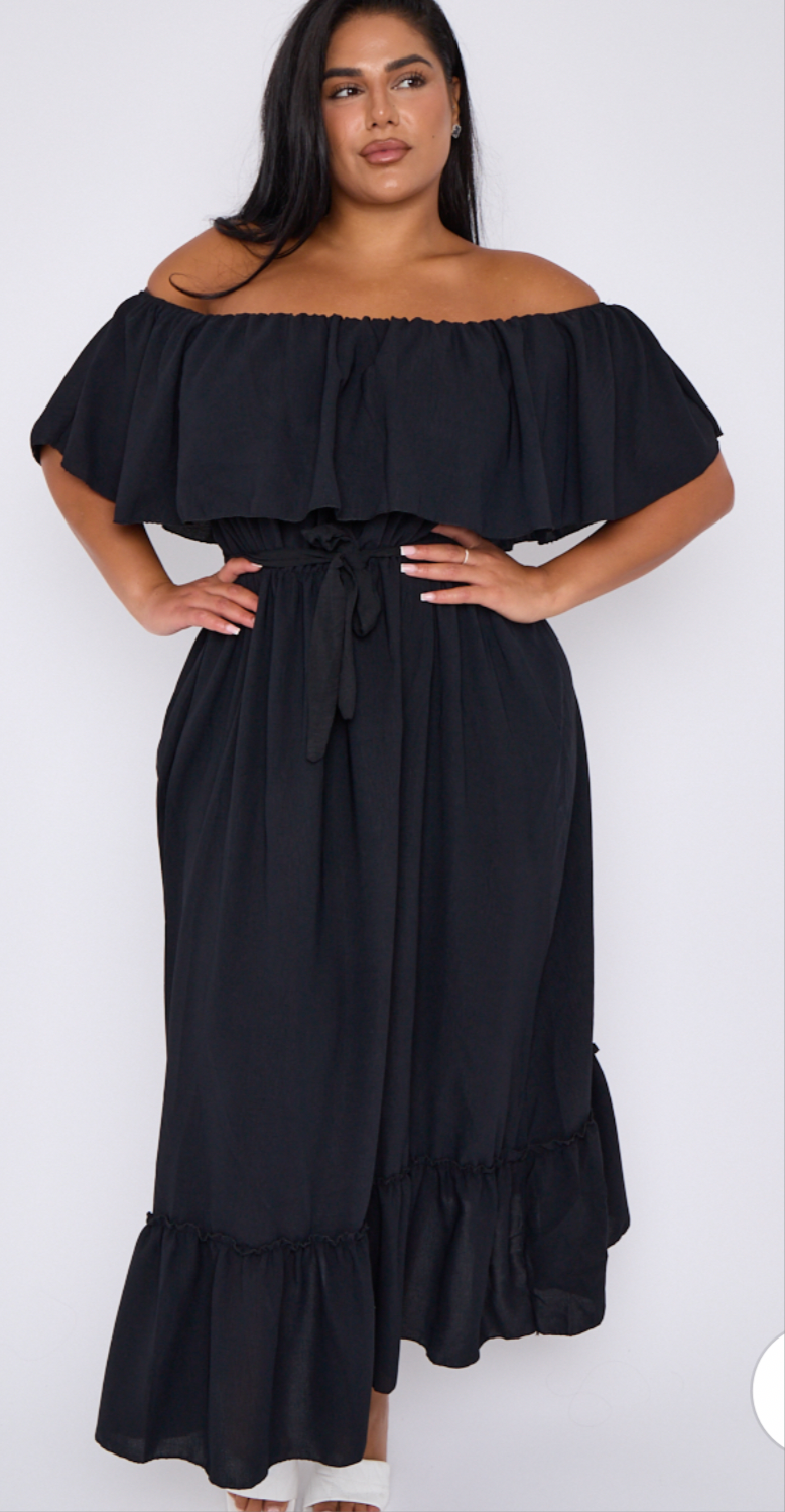 Traci Curve Black Bardot Overlay Tie Waist Dress With Pockets