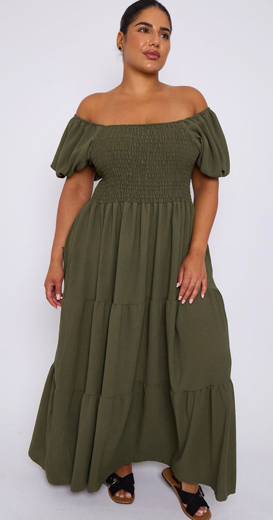 Plus Size Italian Green Bardot Shirred Top Maxi Dress