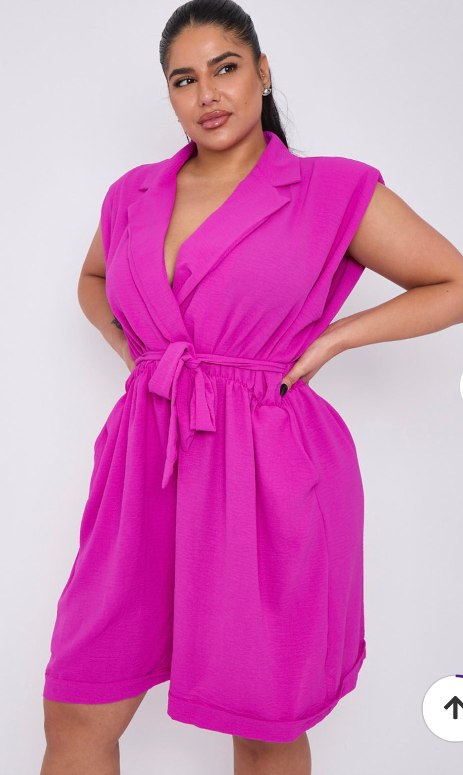 Plus Size Sleeveless Lapel Tie Waist Playsuit With Pockets