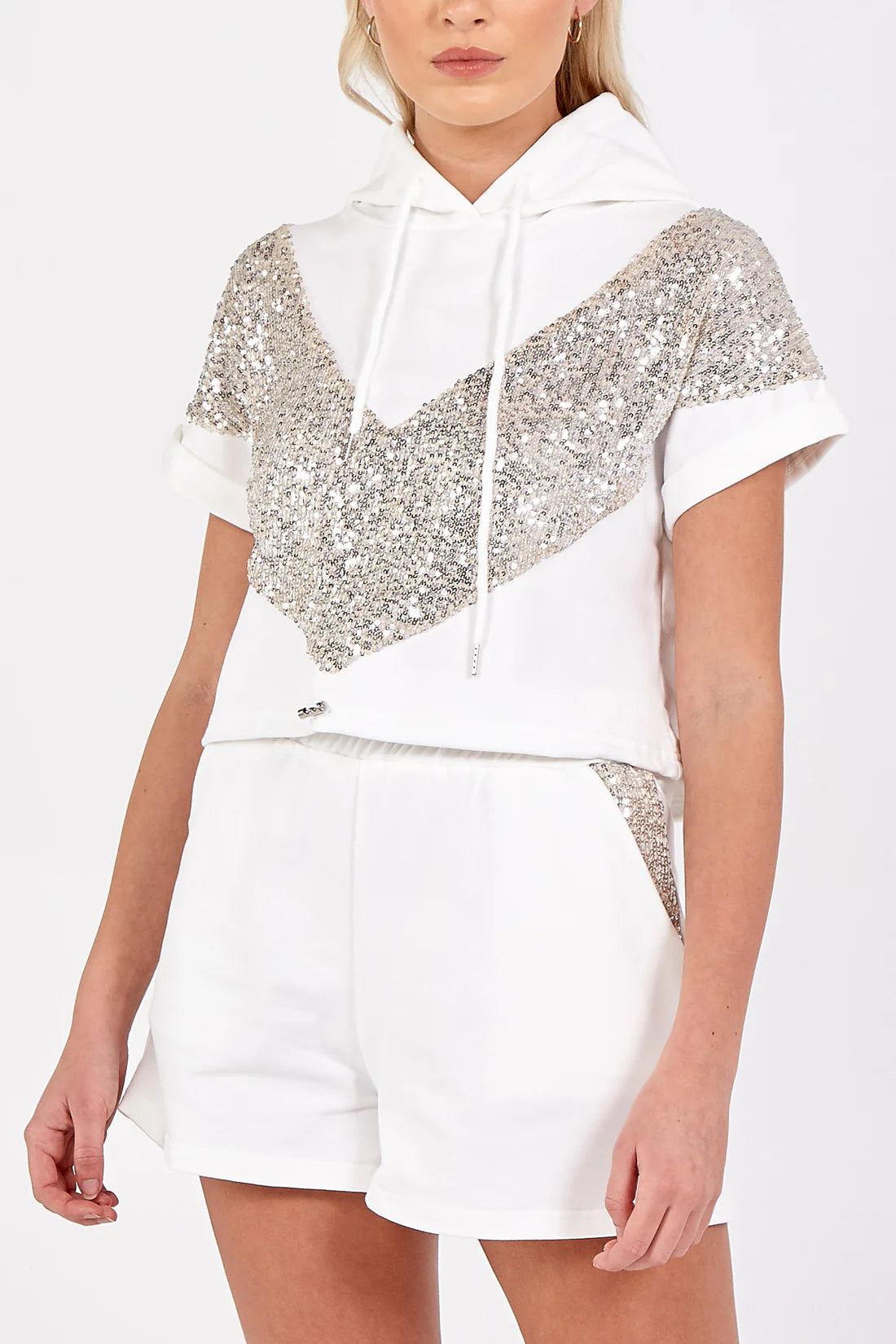 Gina - Short Sleeve Hoodie and Sequin Detail Shorts