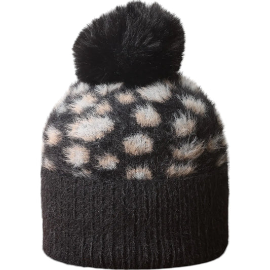 Jess & Lou Black Leopard Fluffy Bobble Hat