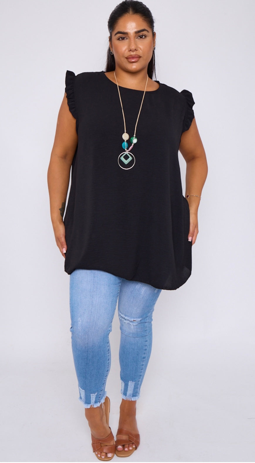 Plus Size Navy Ruffle Sleeve Round Neck Top with Necklace