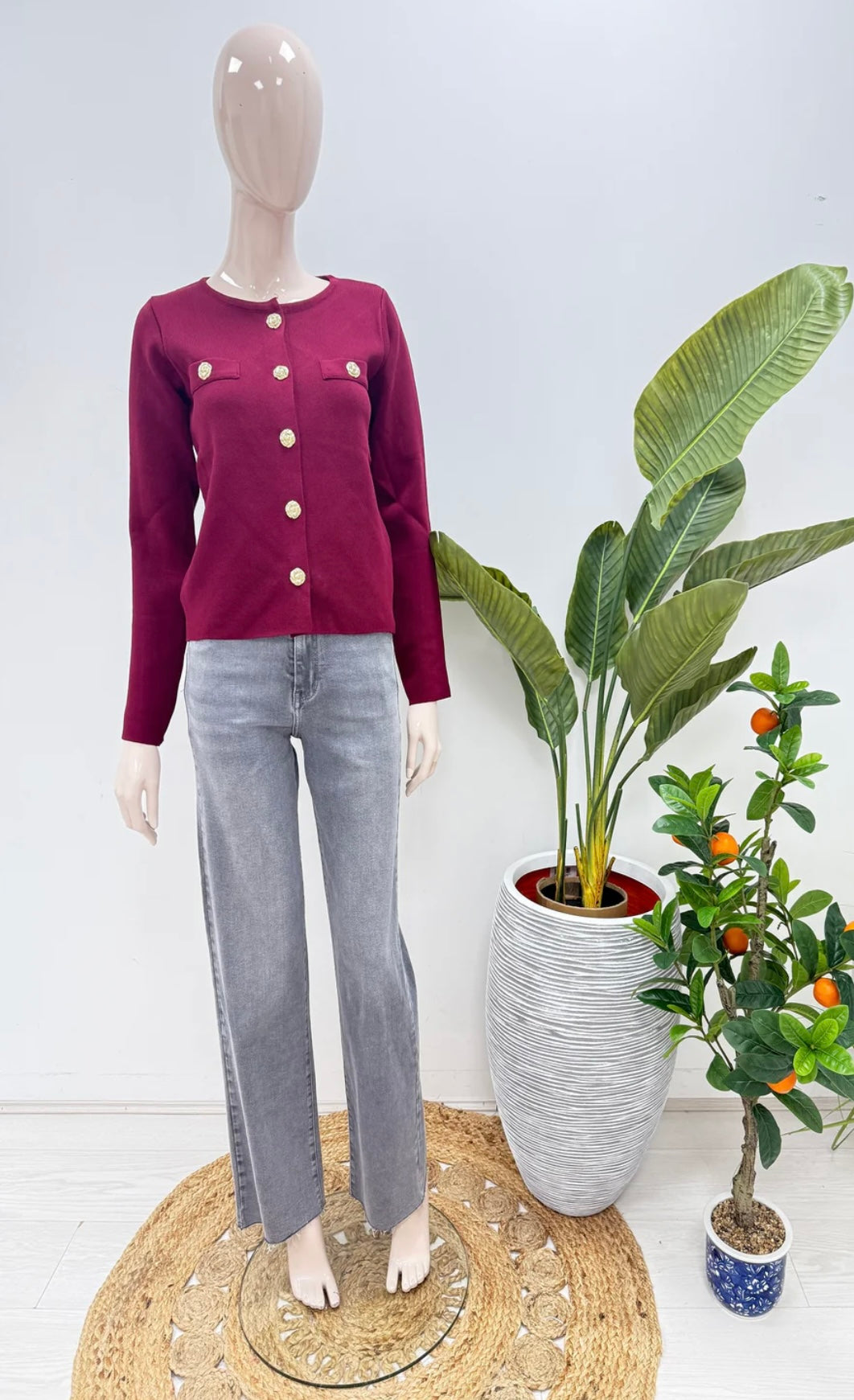 Margot Crew Neck Gold Popper Button Knitted Cardigan
