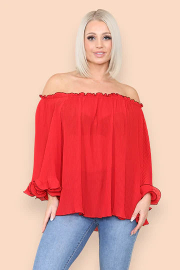 Luisa - Long Sleeve Contrast Edge Pleated Bardot Blouse