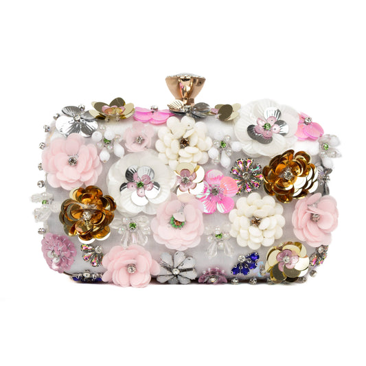 Floral Embellished Clutch Bag: Silver