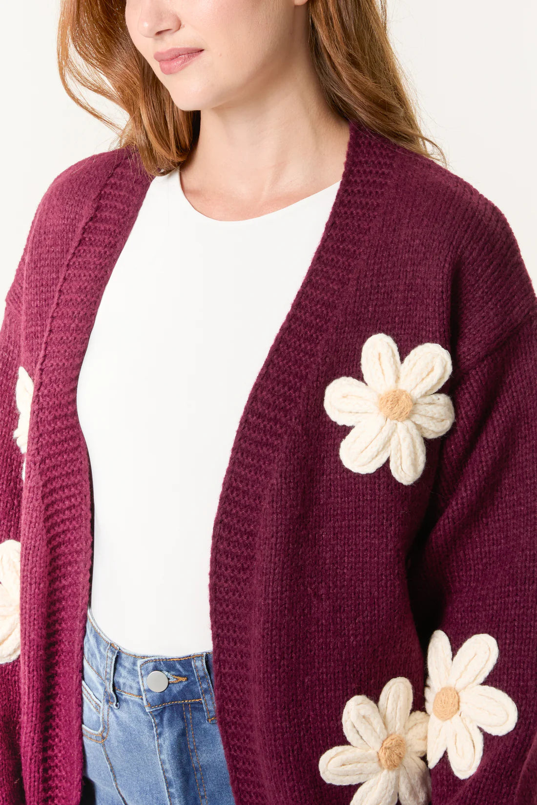 Edge to Edge Open Front 3D Daisy Flower Cardigan