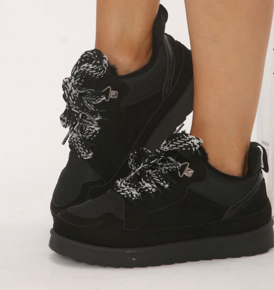 Black Designer Inspired Fur Lined Lace Up Trainers