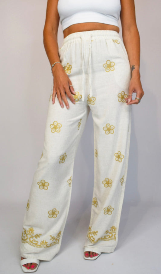 Dahlia Floral Embroidered Linen Trousers