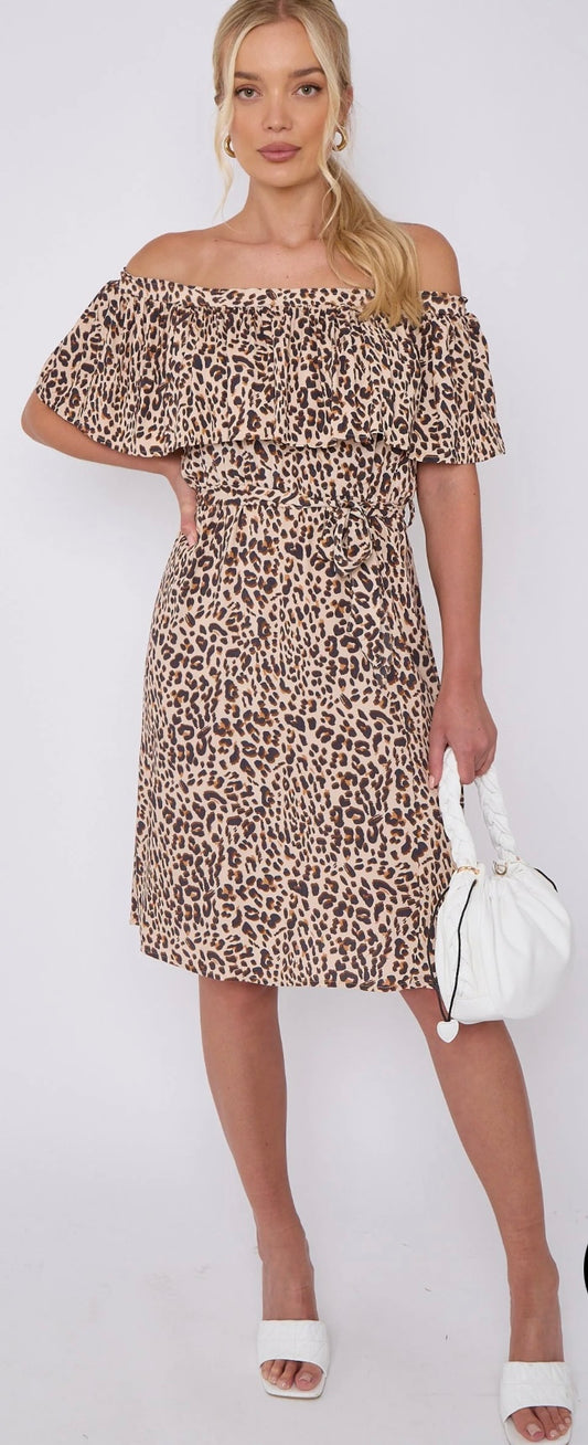 Tan Leopard Print Bardot Mini Dress