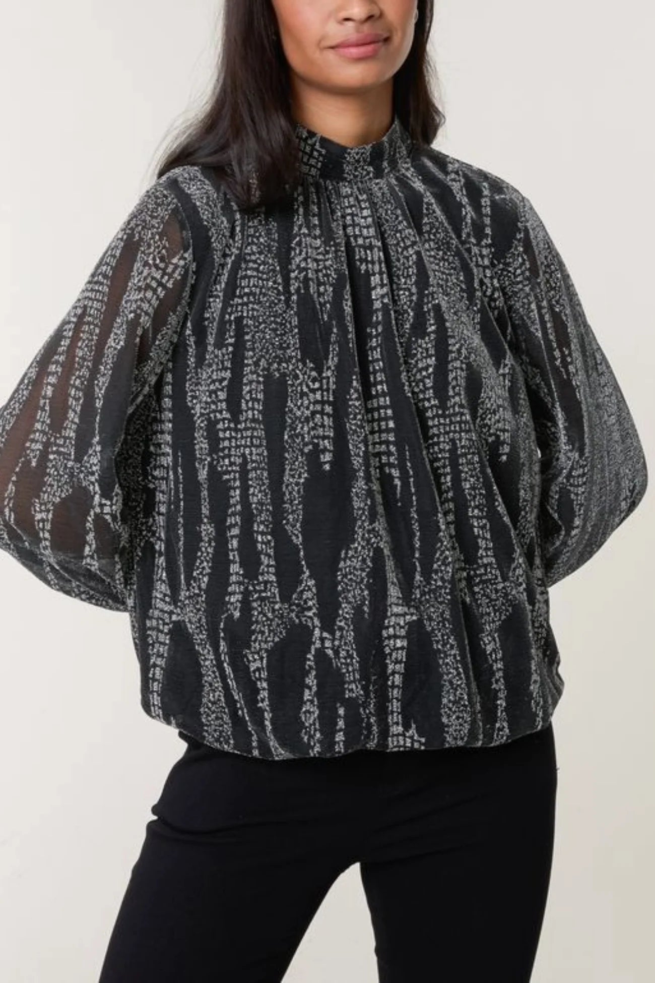 Snake Print High Neck Black and Silver Puffball Blouse
