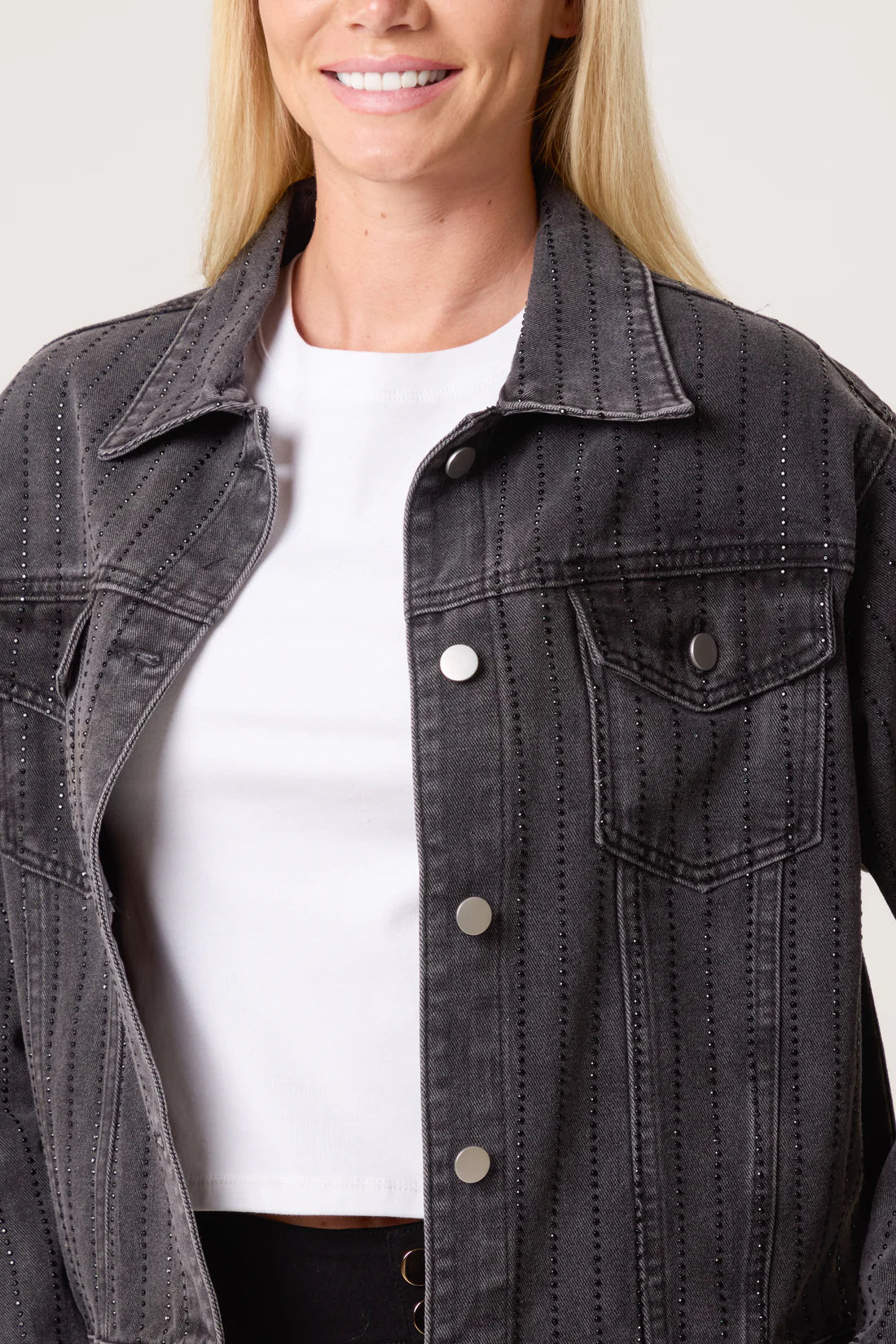 Black Diamante Striped Denim Jacket