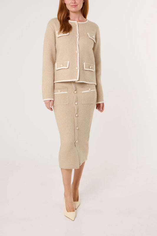 Pearl Button Check Knit Cardigan & Skirt Set