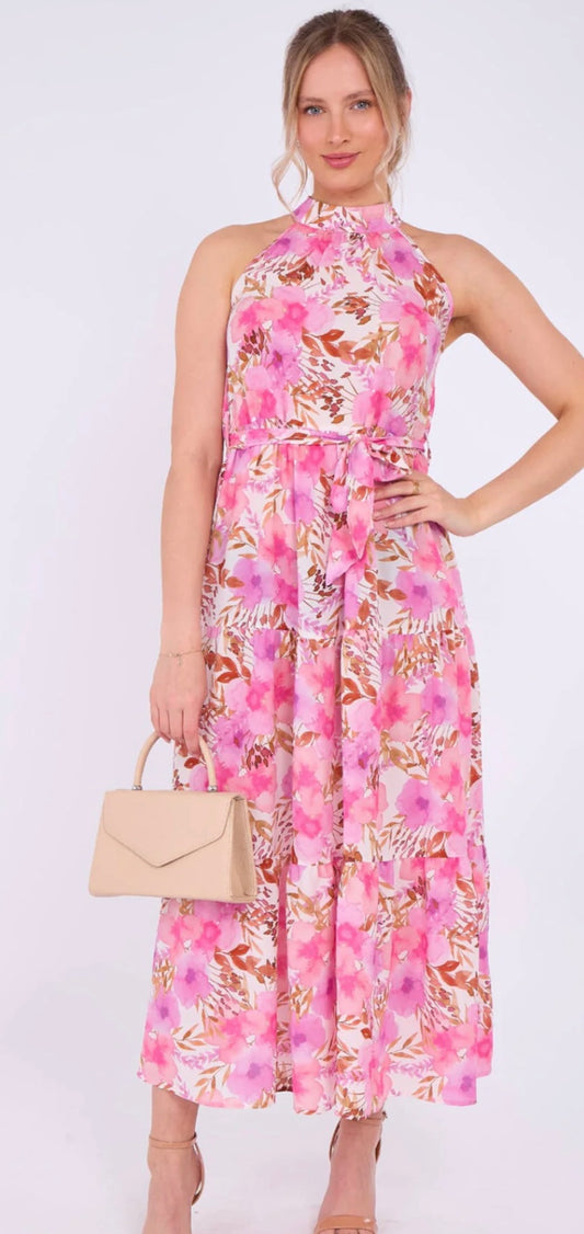 Pink Floral Print Halter Neck Maxi Dress