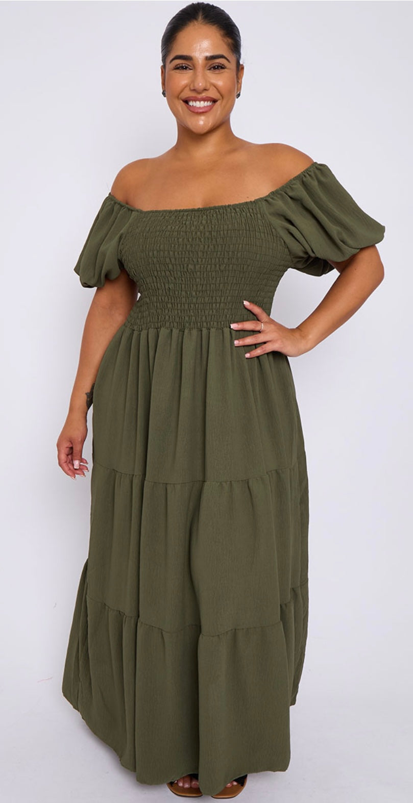 Plus Size Italian Green Bardot Shirred Top Maxi Dress
