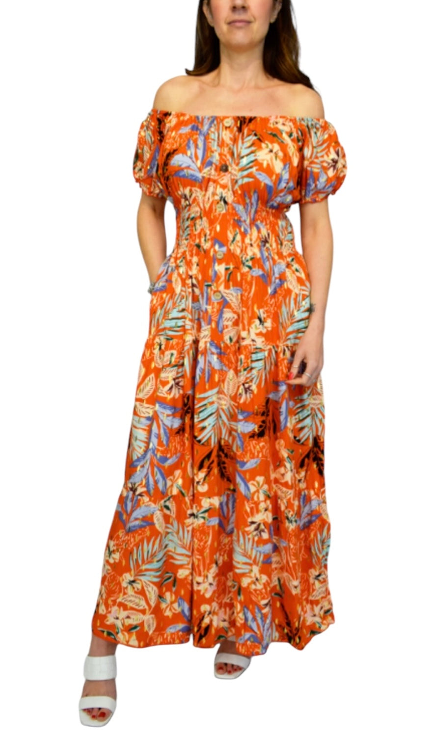 Amelia Gold Foil Flower Print Button Bardot Maxi
Dress