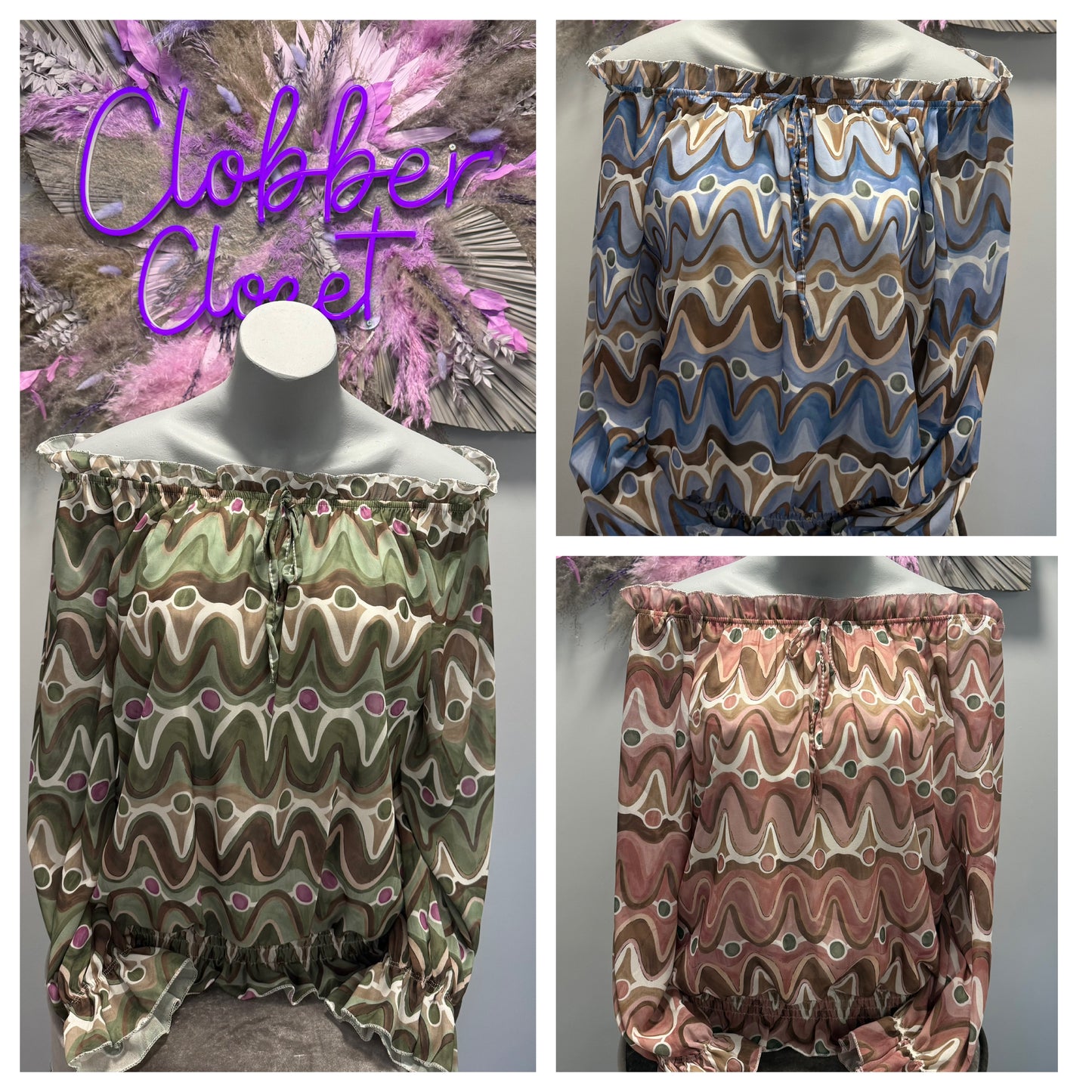 Wave Print Ruffle Bardot Blouse